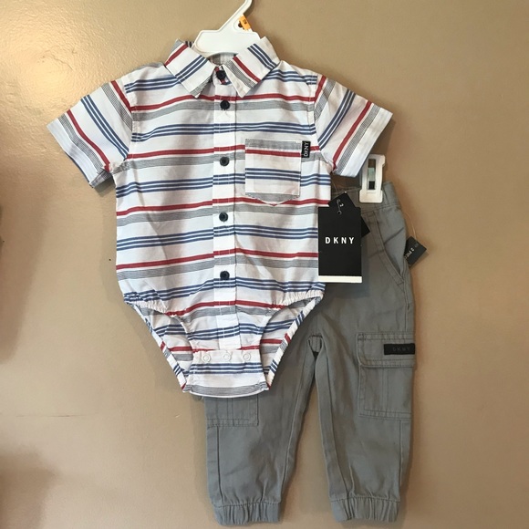 Dkny Other - ⭐️SALE!⭐️DKNY 2 piece set 12 month boy’s Striped Shirt (Red, Blue) & Gray Pants